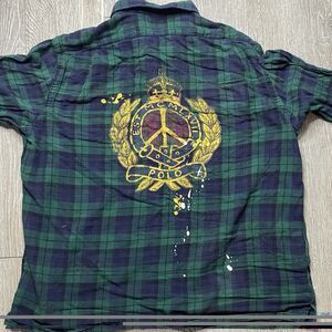 Ralph Lauren Button Down Double Yale Crest Splatter Tartan Plaid XL Green